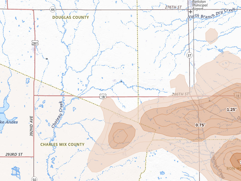 Radar-estimated hail-size map of the storm over Delmont, SD on May 24, 2026