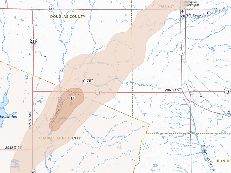 Radar-estimated hail-size map of the storm over Delmont, SD on Jun 9, 2026