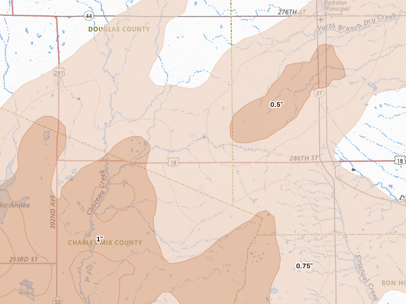Radar-estimated hail-size map of the storm over Delmont, SD on Jun 27, 2026