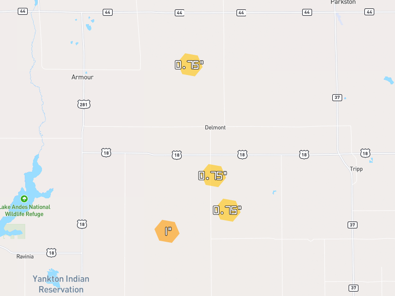 Hail map of Delmont, SD on Jul 1, 2026, hail up to 1"
