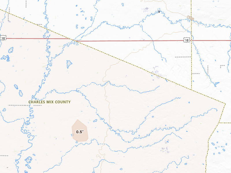 Radar-estimated hail-size map of the storm over Delmont, SD on Aug 20, 2026
