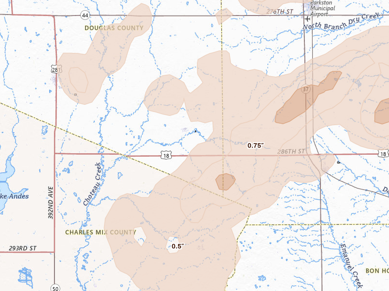 Radar-estimated hail-size map of the storm over Delmont, SD on Sep 4, 2026