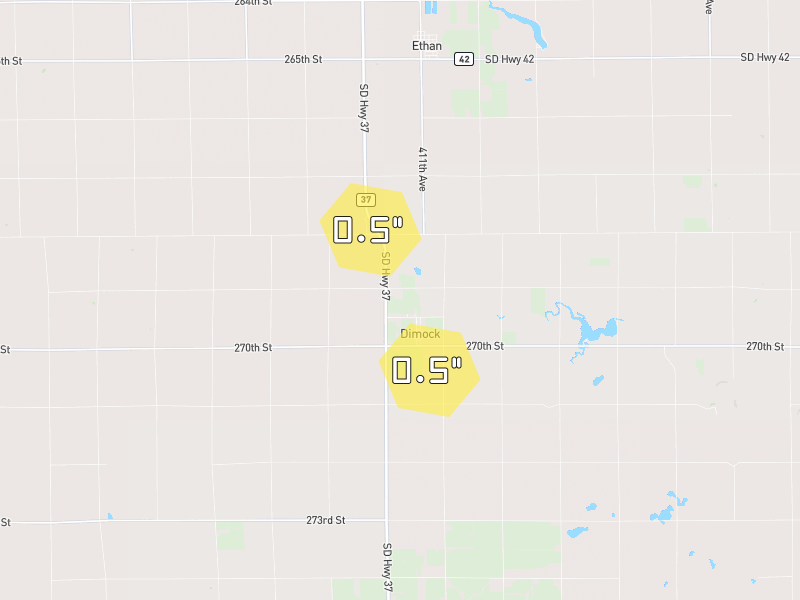 Hail map of Dimock, SD on Jul 1, 2026, hail up to 0.5"