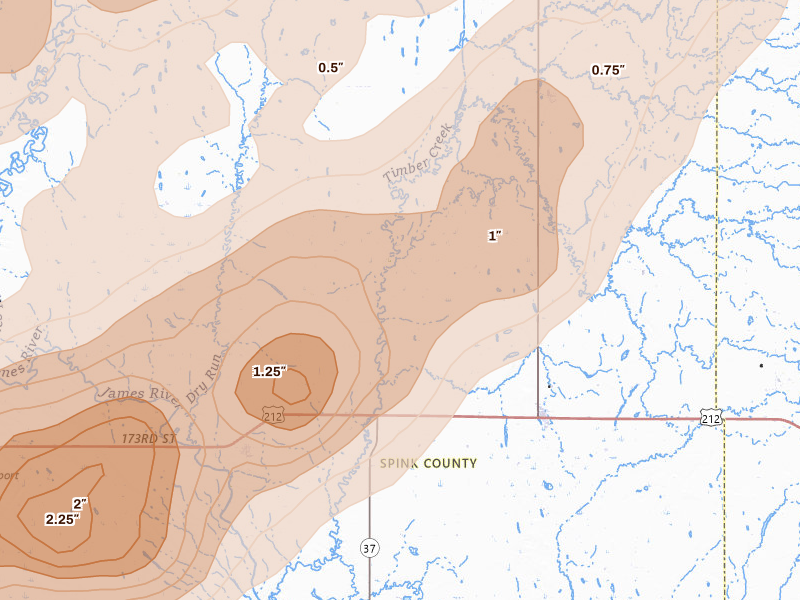 Radar-estimated hail-size map of the storm over Doland, SD on Jun 29, 2026