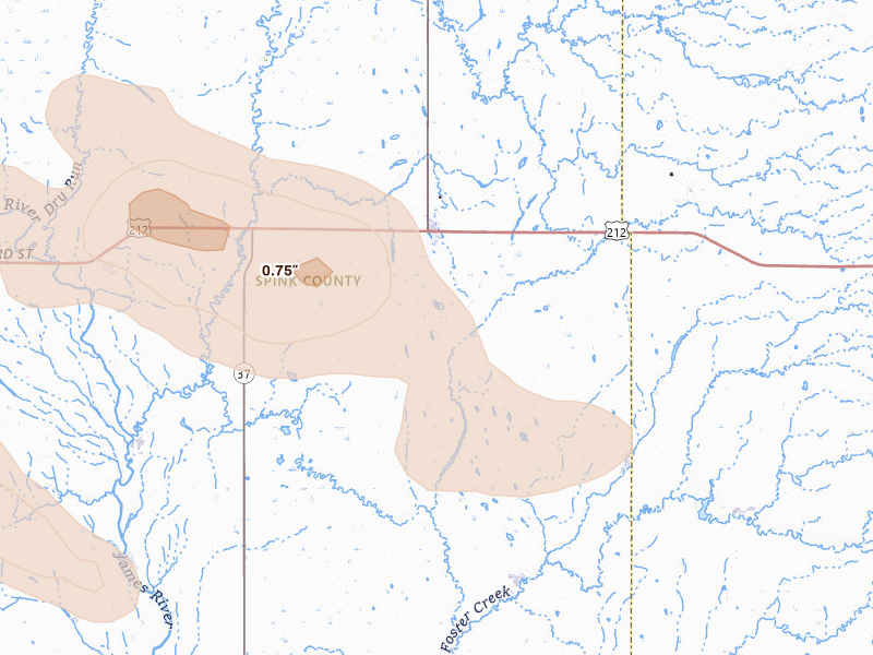 Radar-estimated hail-size map of the storm over Doland, SD on Aug 8, 2026