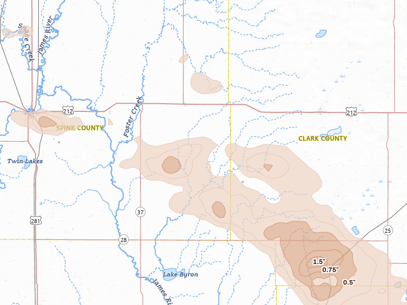 Radar-estimated hail-size map of the storm over Doland, SD on Aug 24, 2026