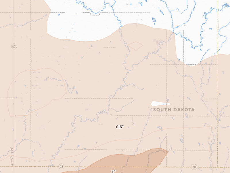 Radar-estimated hail-size map of the storm over Doland, SD on Aug 28, 2026