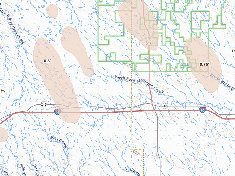 Radar-estimated hail-size map of the storm over Draper, SD on May 30, 2026