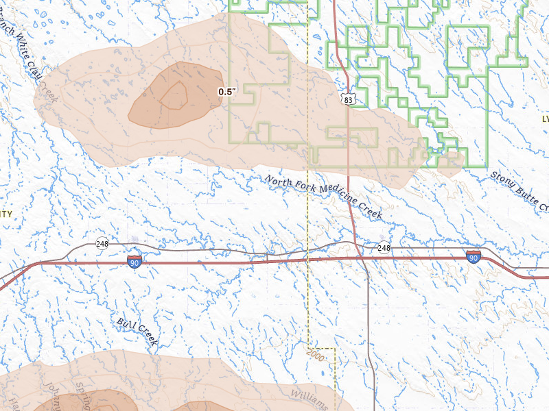 Radar-estimated hail-size map of the storm over Draper, SD on Jun 3, 2026