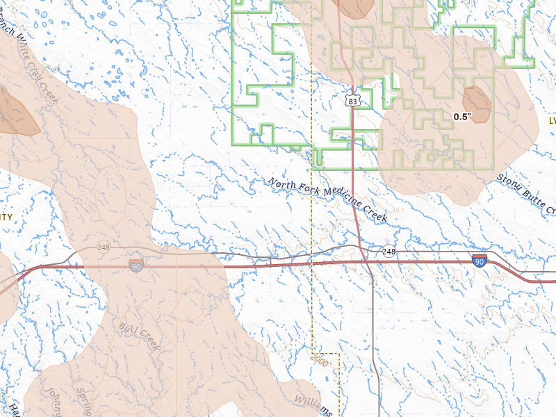 Radar-estimated hail-size map of the storm over Draper, SD on Jun 4, 2026
