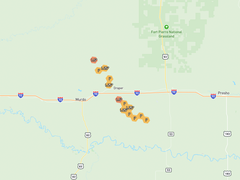 Hail map of Draper, SD on Jun 5, 2026, hail up to 1.5"