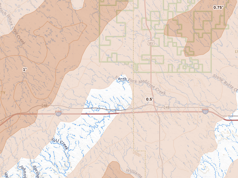 Radar-estimated hail-size map of the storm over Draper, SD on Jun 28, 2026