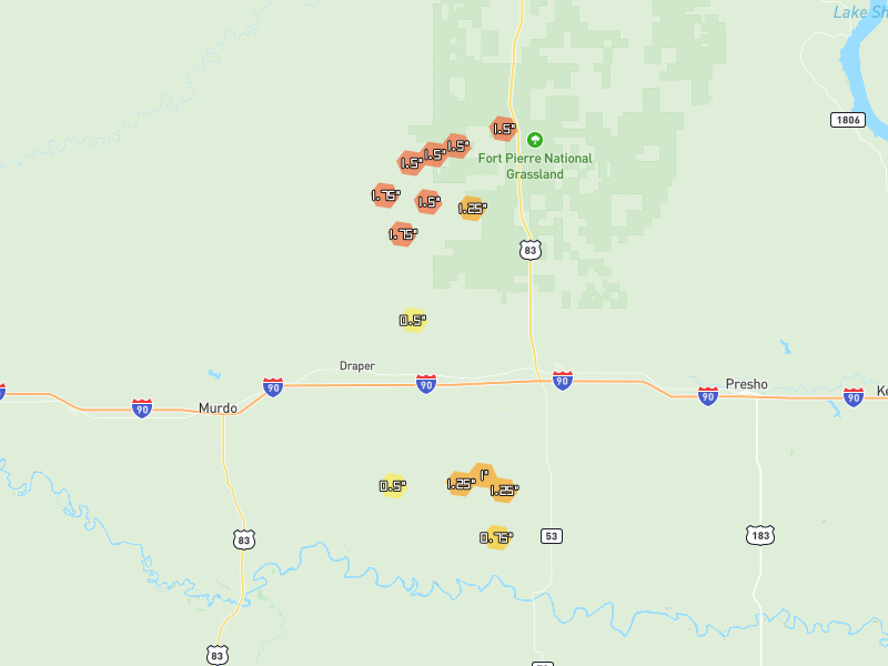 Hail map of Draper, SD on Jun 29, 2026, hail up to 1.75"