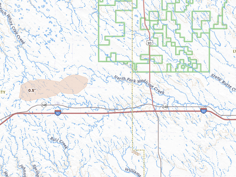Radar-estimated hail-size map of the storm over Draper, SD on Jul 4, 2026
