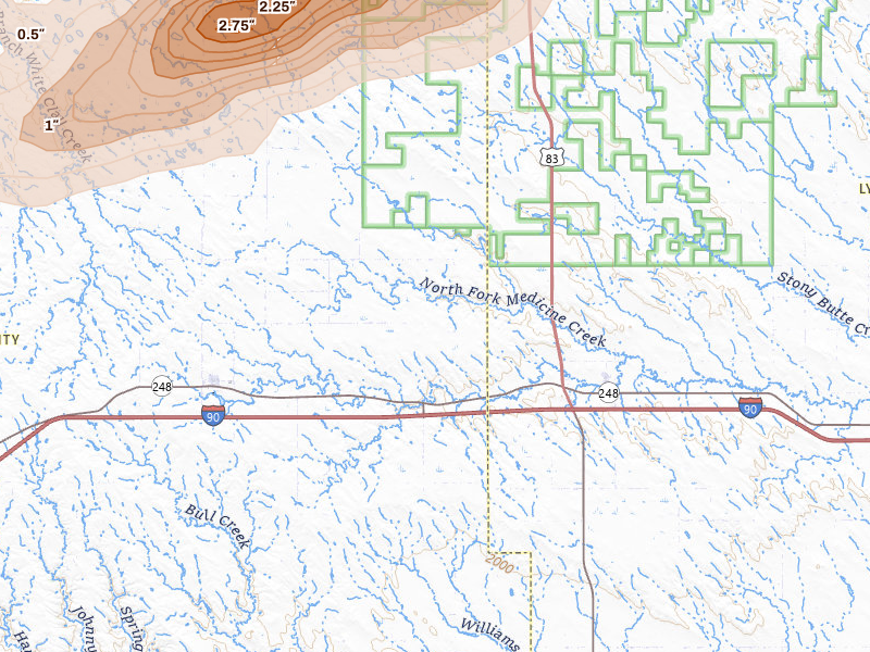 Radar-estimated hail-size map of the storm over Draper, SD on Jul 25, 2026