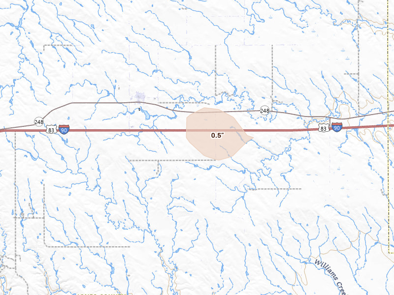 Radar-estimated hail-size map of the storm over Draper, SD on Aug 10, 2026