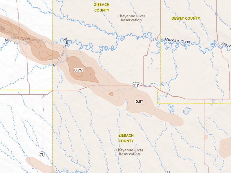 Radar-estimated hail-size map of the storm over Dupree, SD on Aug 17, 2026