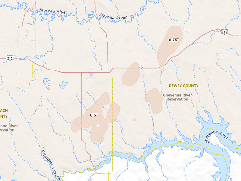 Radar-estimated hail-size map of the storm over Eagle Butte, SD on Jun 28, 2026