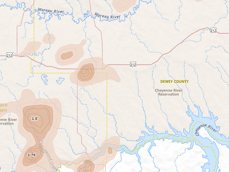 Radar-estimated hail-size map of the storm over Eagle Butte, SD on Jul 25, 2026
