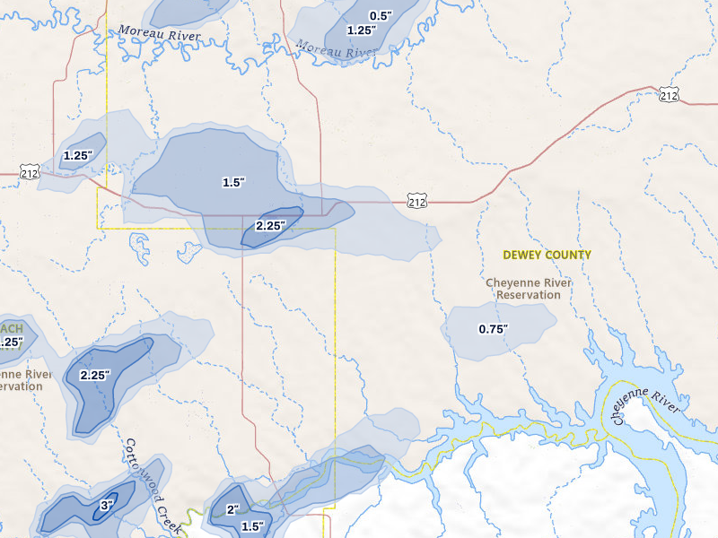 NEXRAD radar-signature map of the hail storm over Eagle Butte, SD on Jul 25, 2026