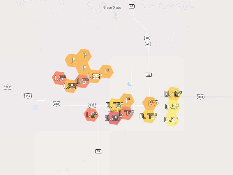 Hail map of Eagle Butte, SD on Jul 25, 2026, hail up to 2.25"