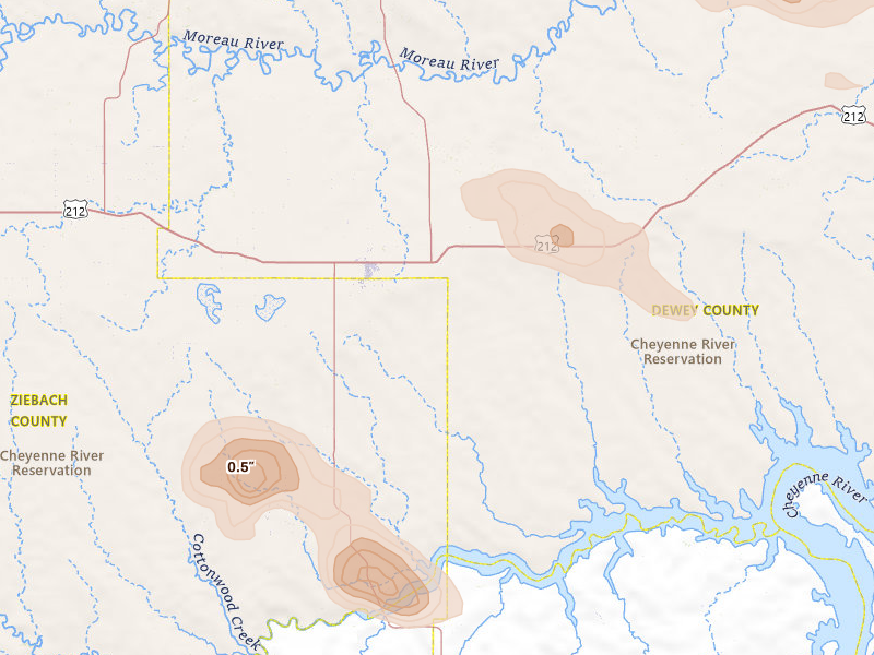 Radar-estimated hail-size map of the storm over Eagle Butte, SD on Aug 24, 2026