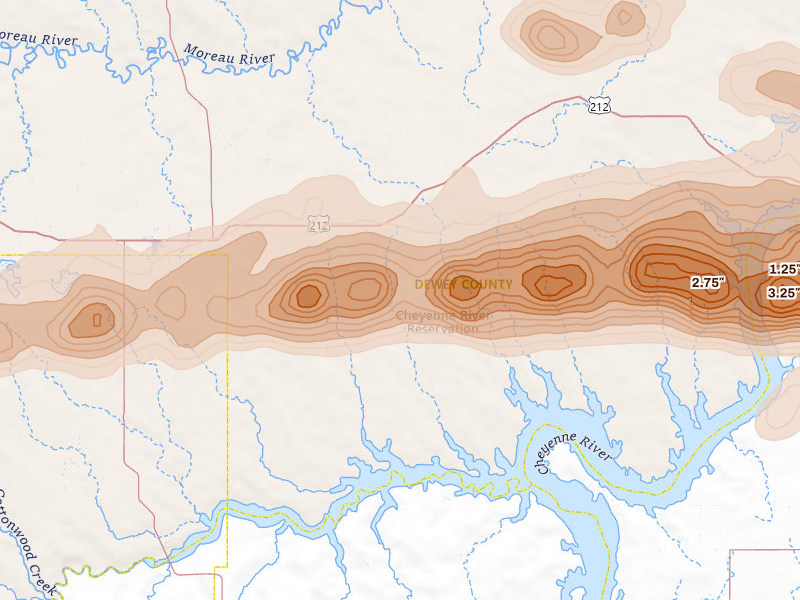 Radar-estimated hail-size map of the storm over Eagle Butte, SD on Aug 29, 2026
