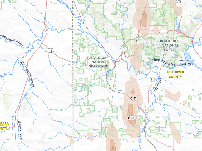 Radar-estimated hail-size map of the storm over Edgemont, SD on May 30, 2026