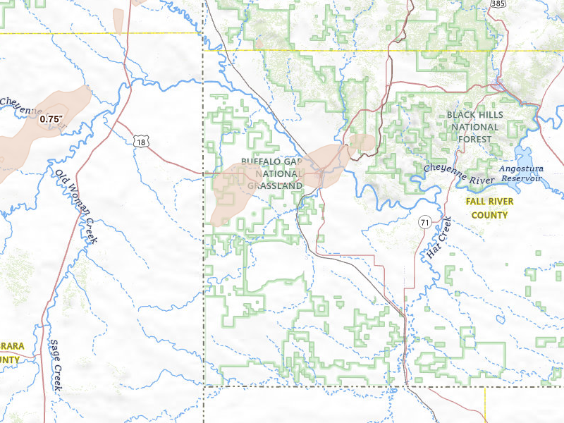 Radar-estimated hail-size map of the storm over Edgemont, SD on Jun 1, 2026