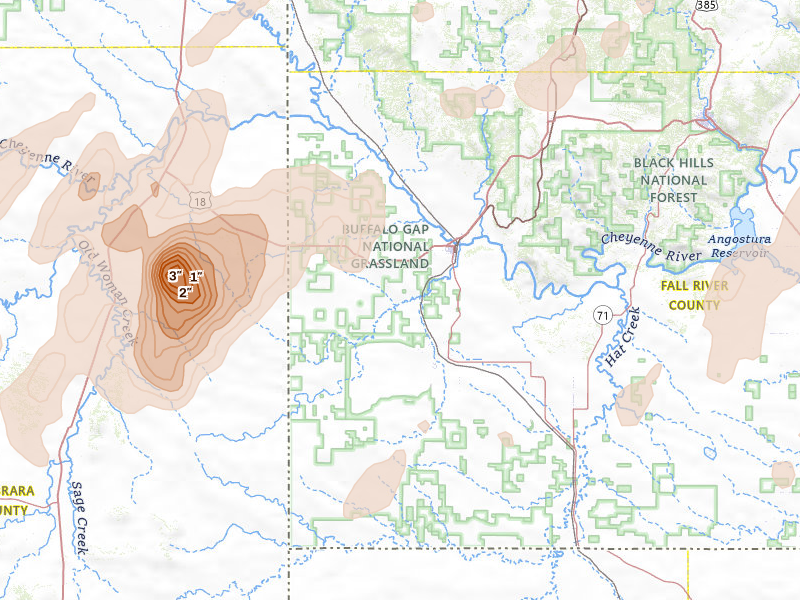 Radar-estimated hail-size map of the storm over Edgemont, SD on Jun 2, 2026