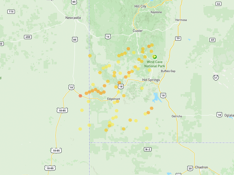 Hail map of Edgemont, SD on Jun 2, 2026, hail up to 1.5"