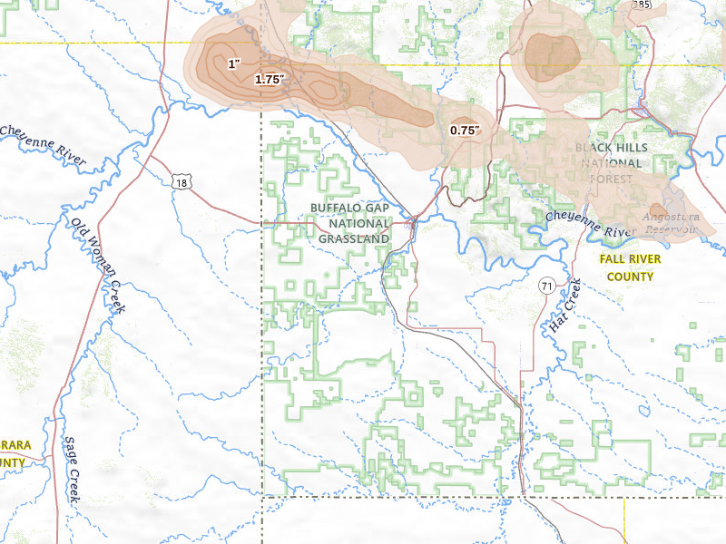 Radar-estimated hail-size map of the storm over Edgemont, SD on Jul 3, 2026
