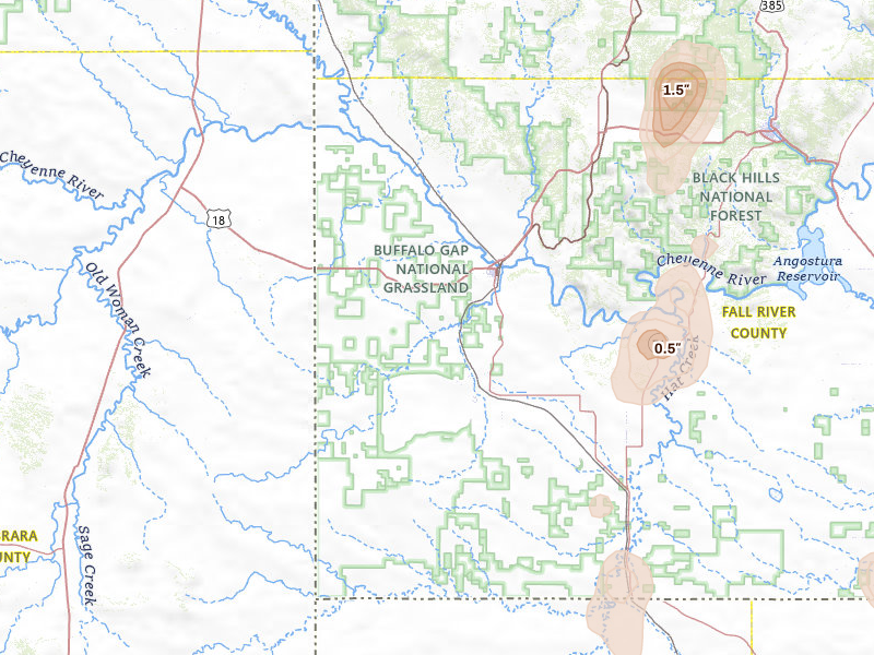 Radar-estimated hail-size map of the storm over Edgemont, SD on Jul 6, 2026