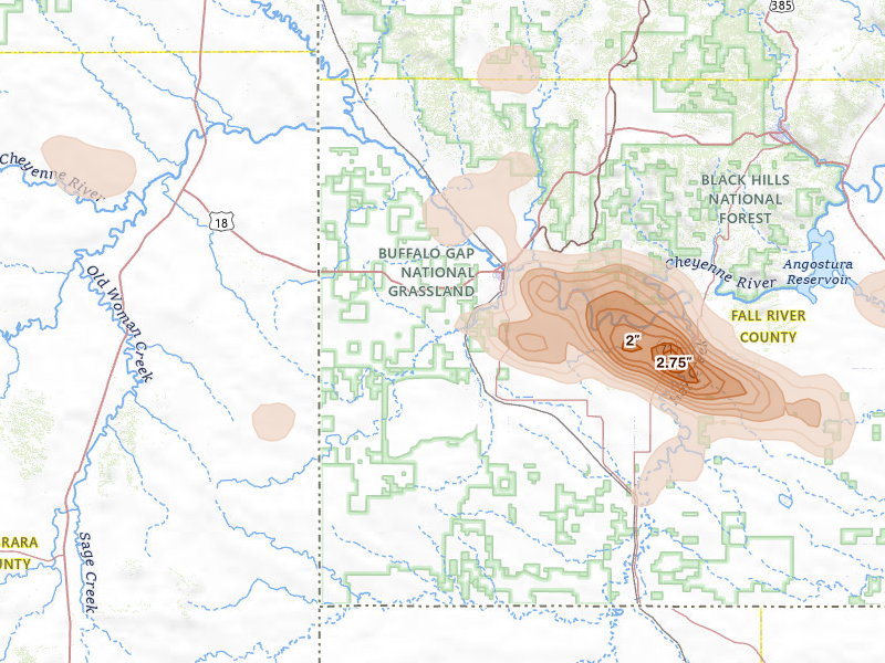 Radar-estimated hail-size map of the storm over Edgemont, SD on Jul 7, 2026