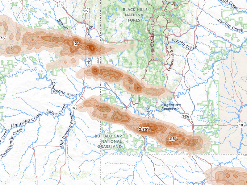 Radar-estimated hail-size map of the storm over Edgemont, SD on Aug 12, 2026