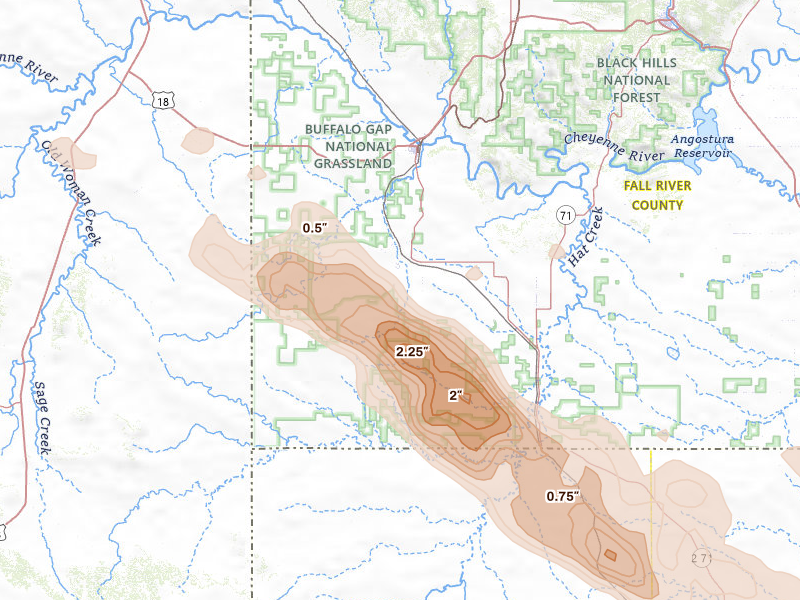 Radar-estimated hail-size map of the storm over Edgemont, SD on Aug 17, 2026