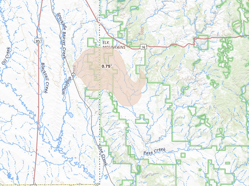 Radar-estimated hail-size map of the storm over Edgemont, SD on Aug 22, 2026