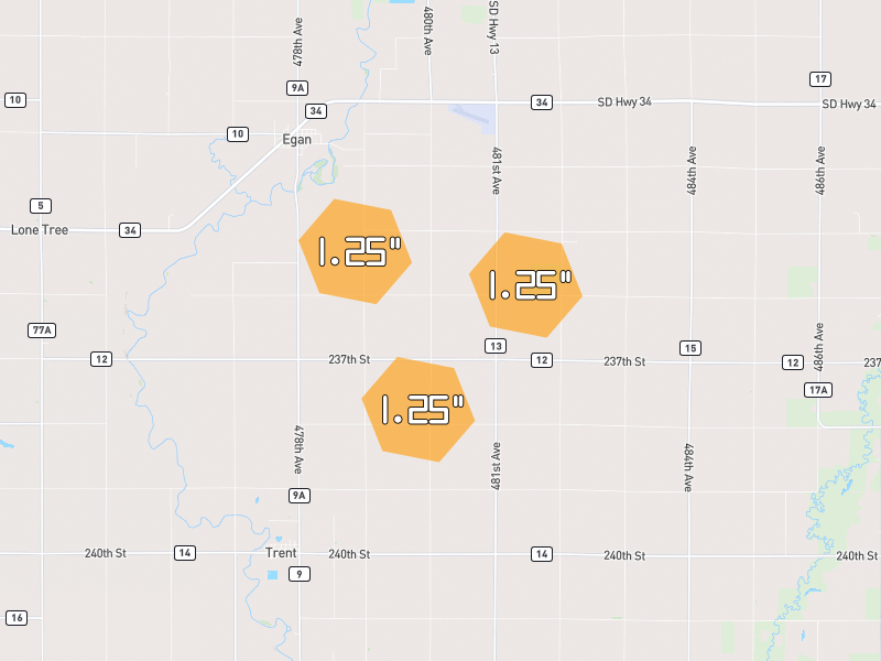 Hail map of Egan, SD on Jul 8, 2026, hail up to 1.25"