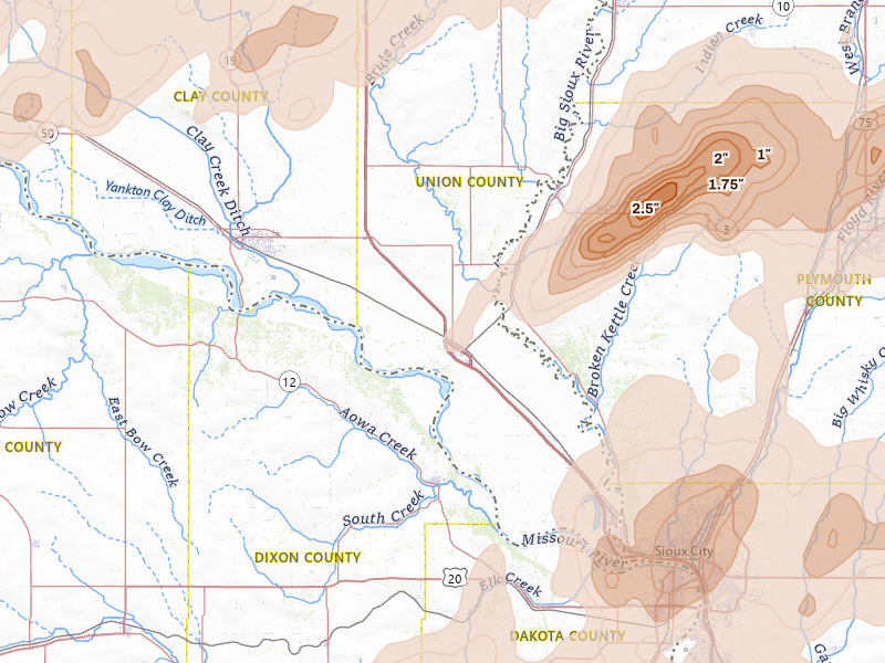 Radar-estimated hail-size map of the storm over Elk Point, SD on May 17, 2026