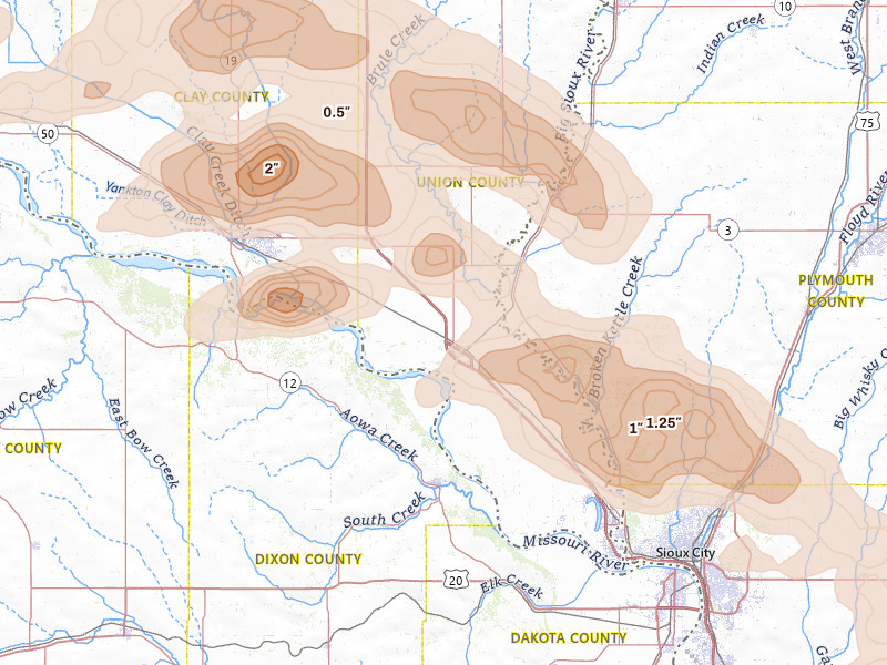 Radar-estimated hail-size map of the storm over Elk Point, SD on May 31, 2026