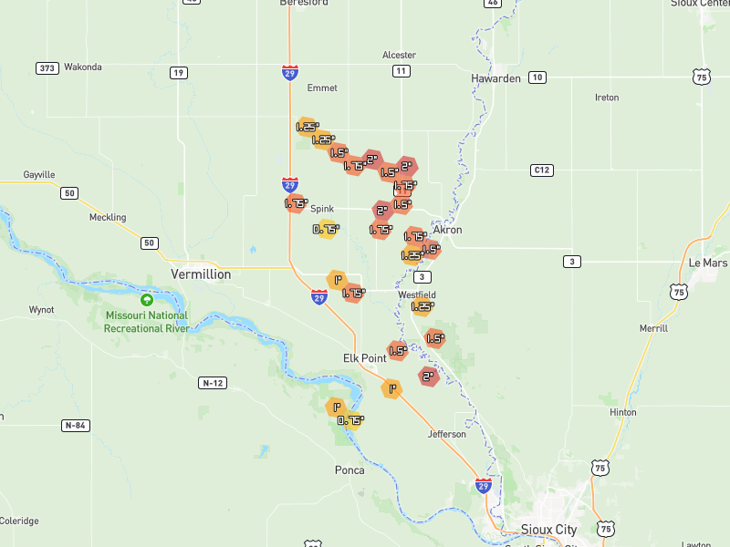 Hail map of Elk Point, SD on Jun 1, 2026, hail up to 2"