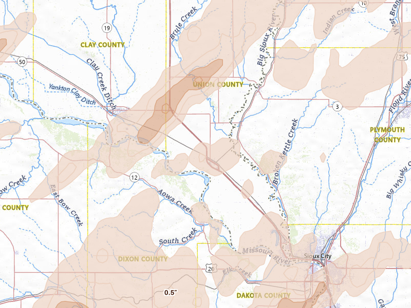 Radar-estimated hail-size map of the storm over Elk Point, SD on Jun 29, 2026