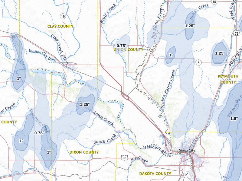 NEXRAD radar-signature map of the hail over Elk Point, SD