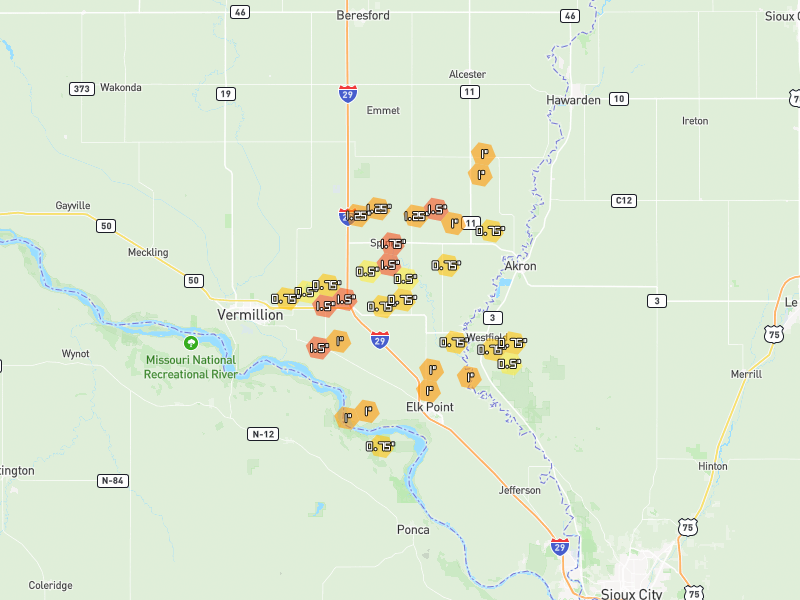 Hail map of Elk Point, SD on Jun 30, 2026, hail up to 1.75"