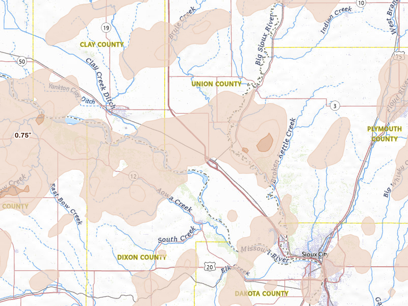 Radar-estimated hail-size map of the storm over Elk Point, SD on Jul 2, 2026