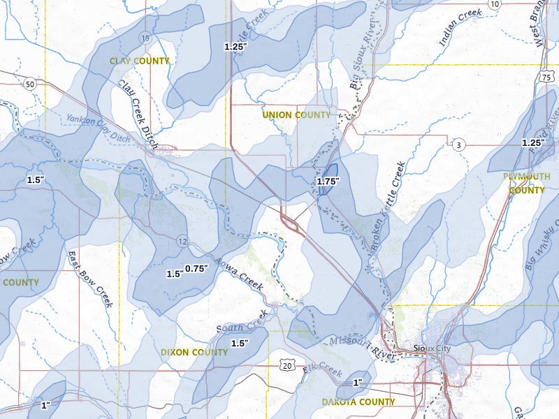 NEXRAD radar-signature map of the hail over Elk Point, SD