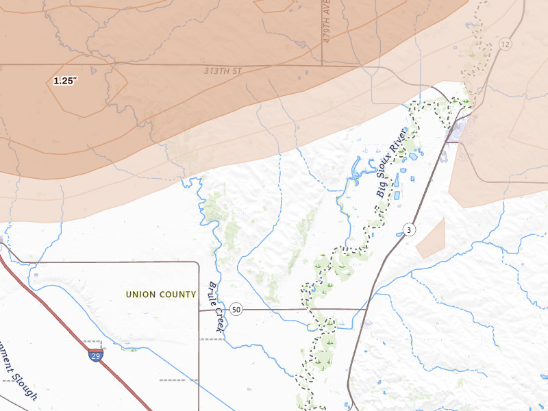 Radar-estimated hail-size map of the storm over Elk Point, SD on Sep 1, 2026