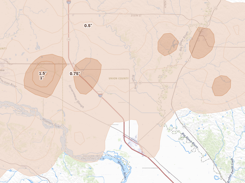 Radar-estimated hail-size map of the storm over Elk Point, SD on Sep 11, 2026