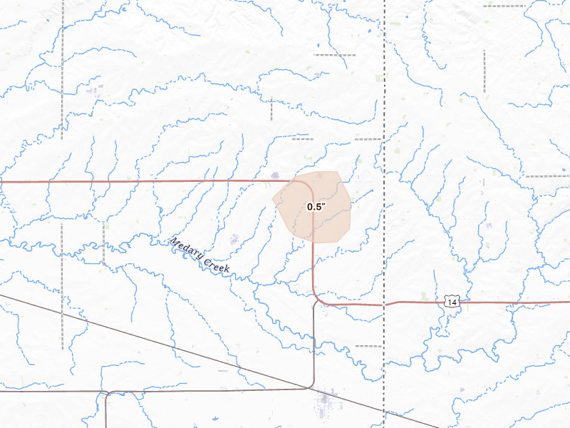 Radar-estimated hail-size map of the storm over Elkton, SD on Jun 27, 2026