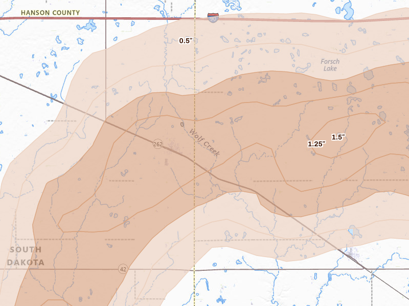 Radar-estimated hail-size map of the storm over Emery, SD on May 31, 2026
